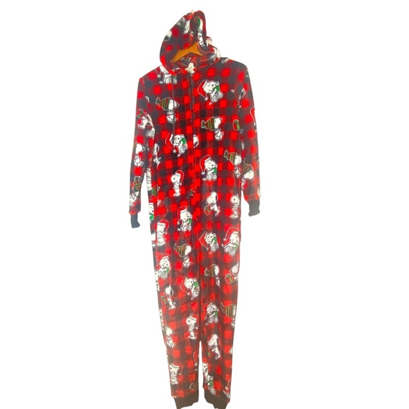 MUNKI MUNKI Peanuts Buffalo Plaid Hooded Pajamas One Piece S - Picture 1 of 6